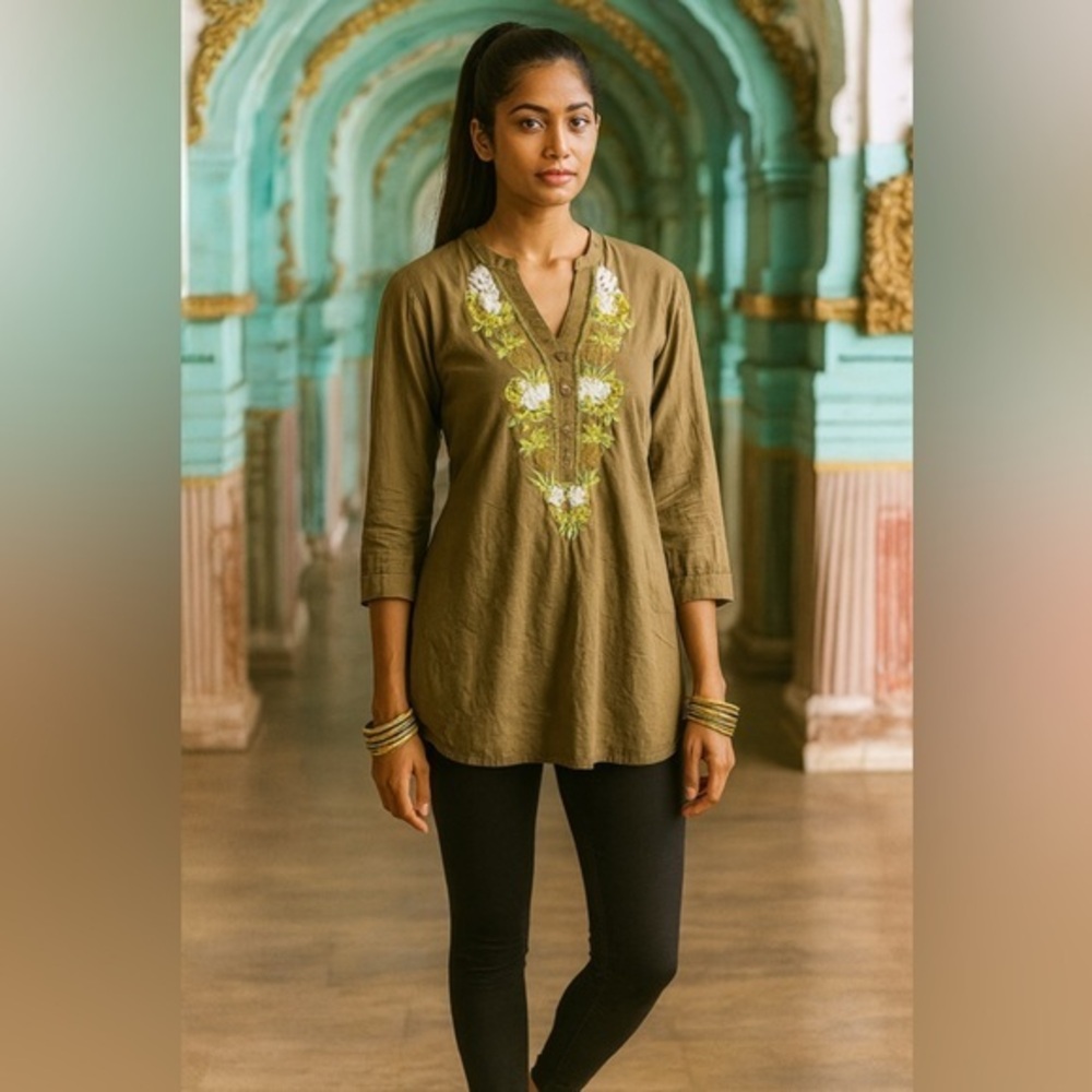 Remanika long-sleeve olive-green shirt, floral embroidery, 3/4 button front 🍃🌼